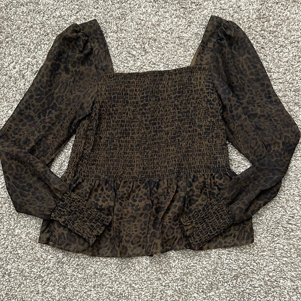 Women’s Nine West Olive Cheetah Print Square Neck Puff Sleeve Blouse